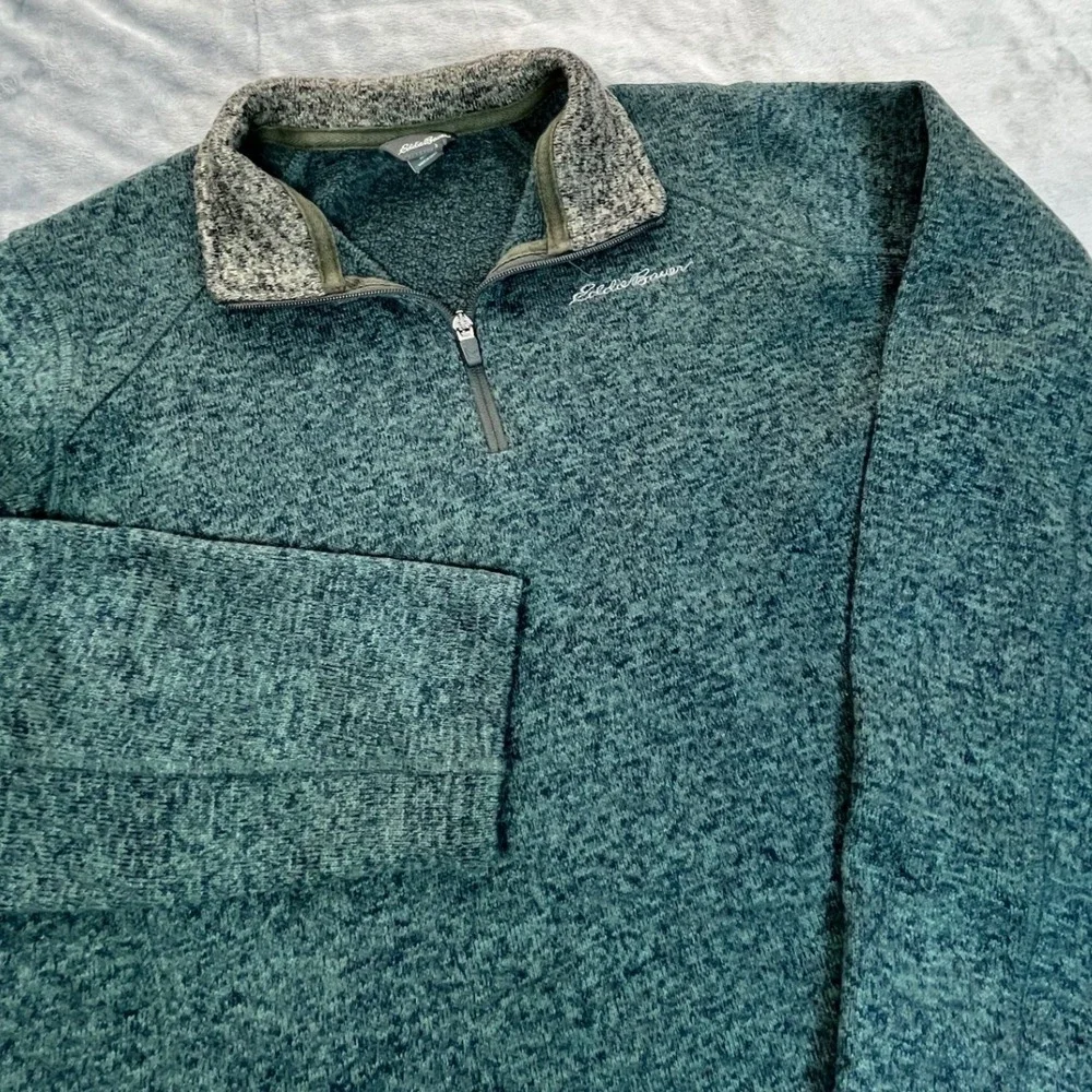 Eddie Bauer Mens Large Quarter Zip Pullover Sweater Green Heathered Fleece Lined